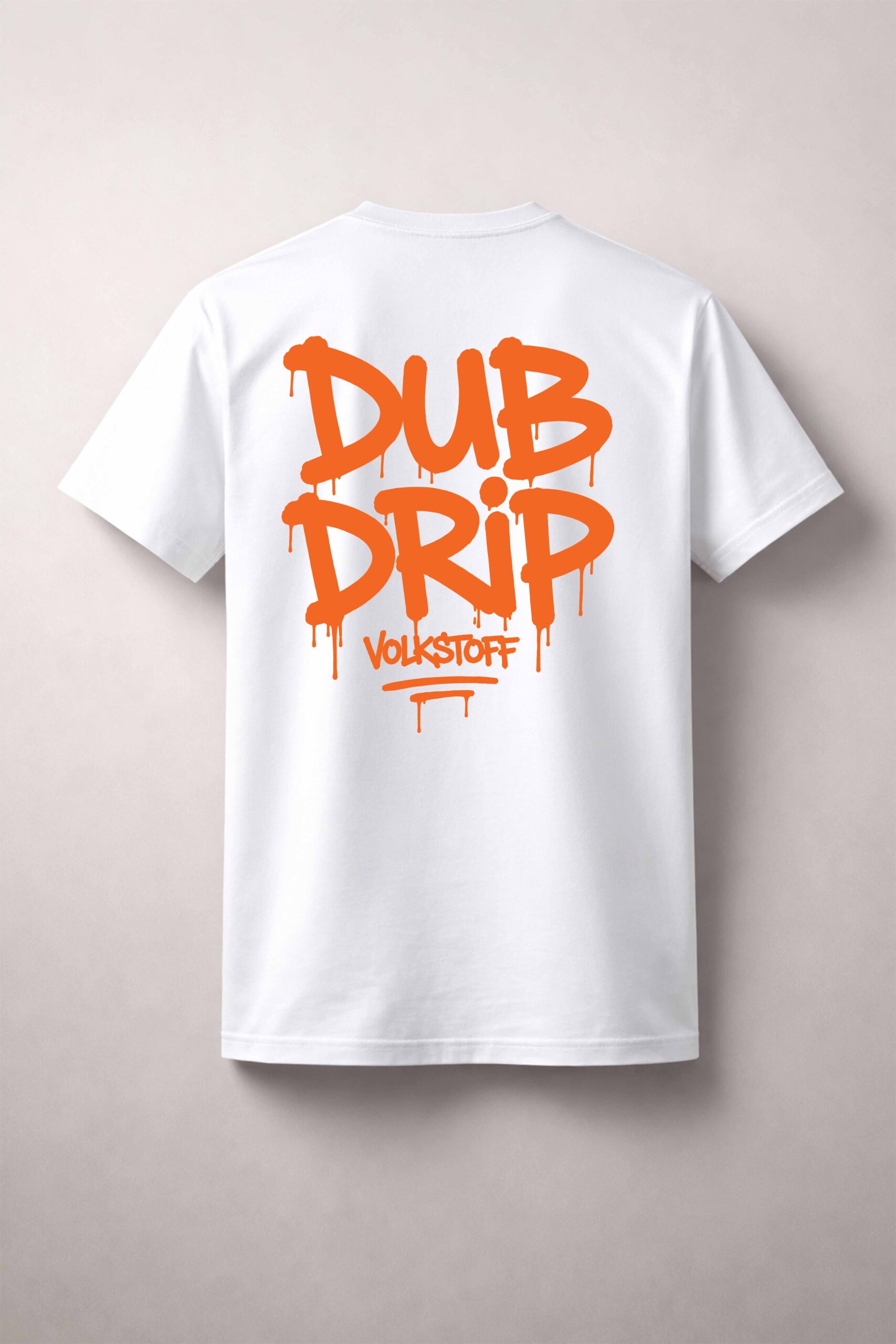 Dub Drip T-Shirt – White 5 Dub Drip T Shirt white rear view burnt orange graffiti drip back print with Volkstoff branding