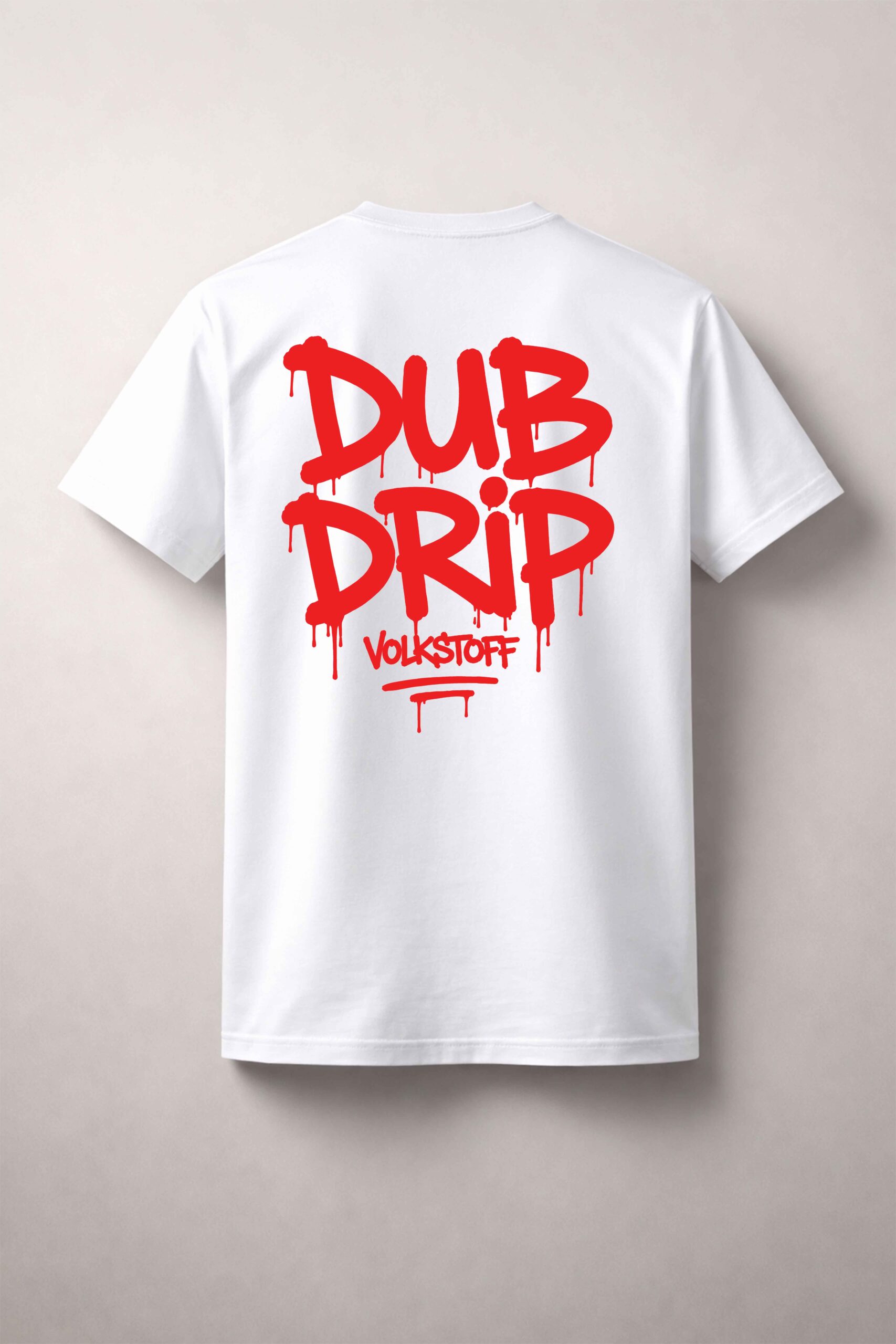 Dub Drip T-Shirt – White 9 Dub Drip T Shirt white rear view red graffiti drip back print with Volkstoff branding