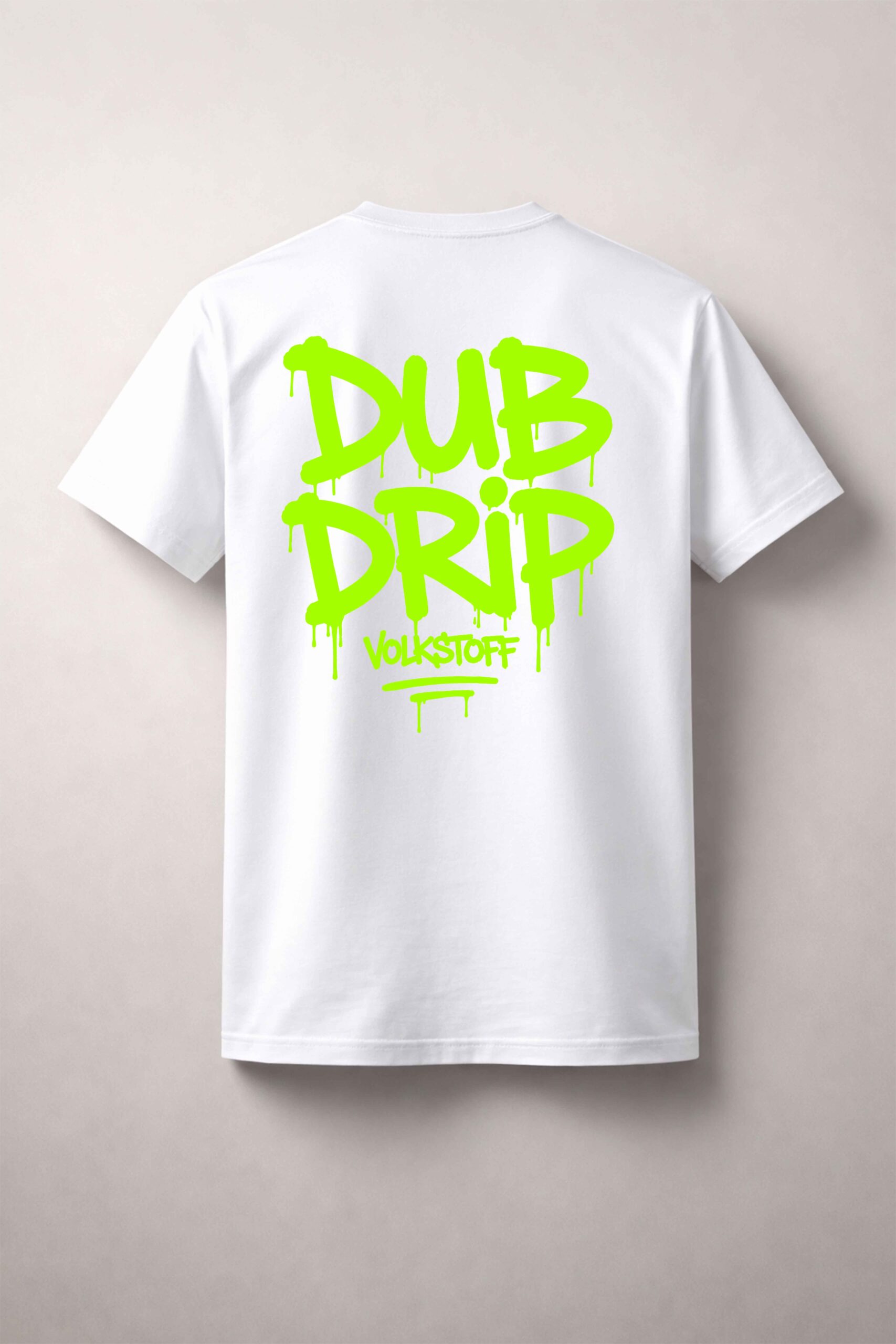 Dub Drip T-Shirt – White 11 Dub Drip T Shirt white rear view toxic lime graffiti drip back print with Volkstoff branding