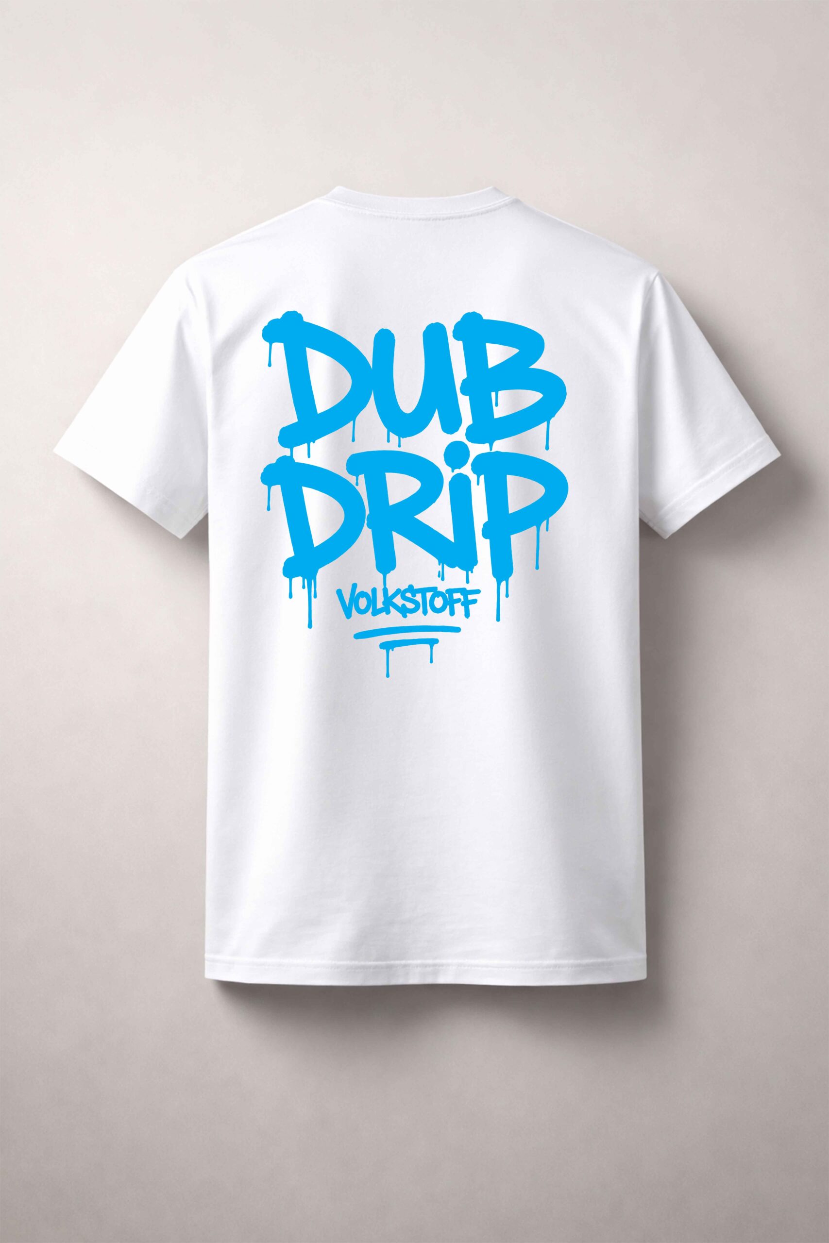 Dub Drip T-Shirt – White 13 Dub Drip T Shirt white rear view electric blue graffiti drip back print with Volkstoff branding
