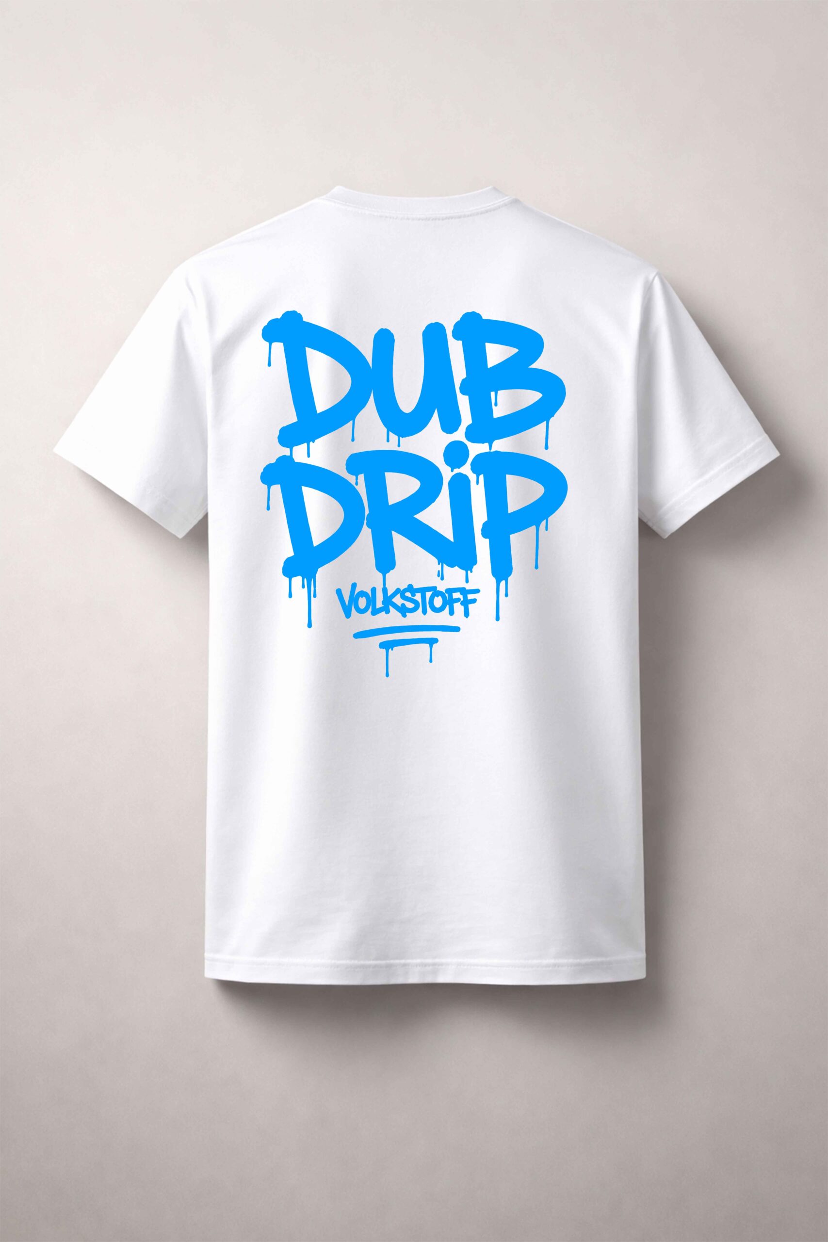 Dub Drip T-Shirt – White 3 Dub Drip T Shirt white rear view VS blue graffiti drip back print with Volkstoff branding