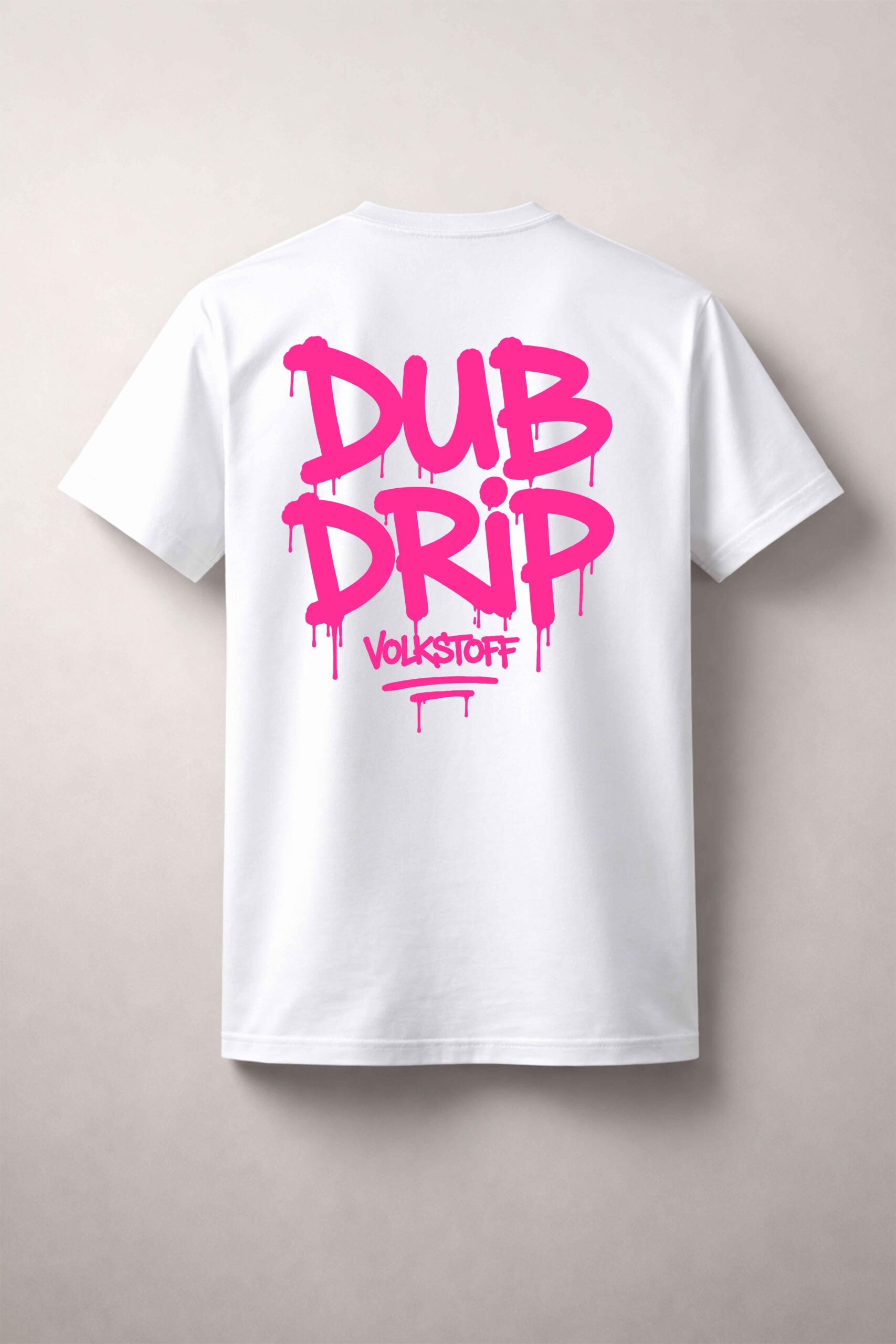 Dub Drip T-Shirt – White 7 Dub Drip T Shirt white rear view hot pink graffiti drip back print with Volkstoff branding