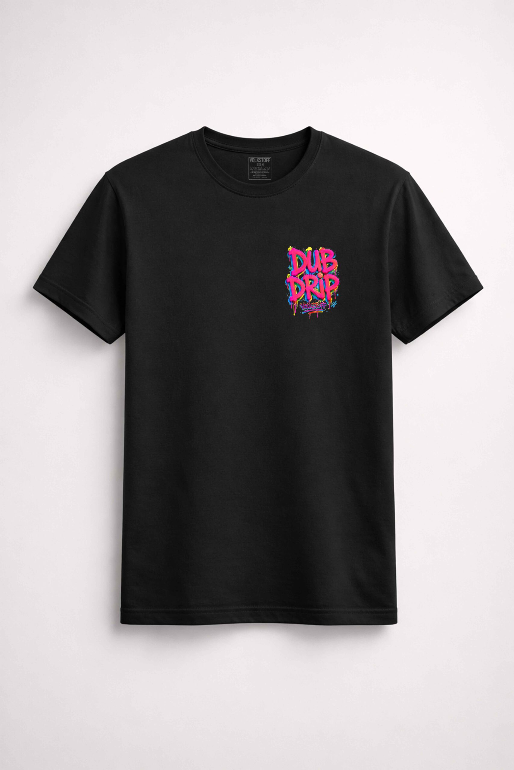Dub Drip T Shirt – Graffiti VW Streetwear by Volkstoff 4 Dub Drip T Shirt black front featuring colourful graffiti left chest design by Volkstoff