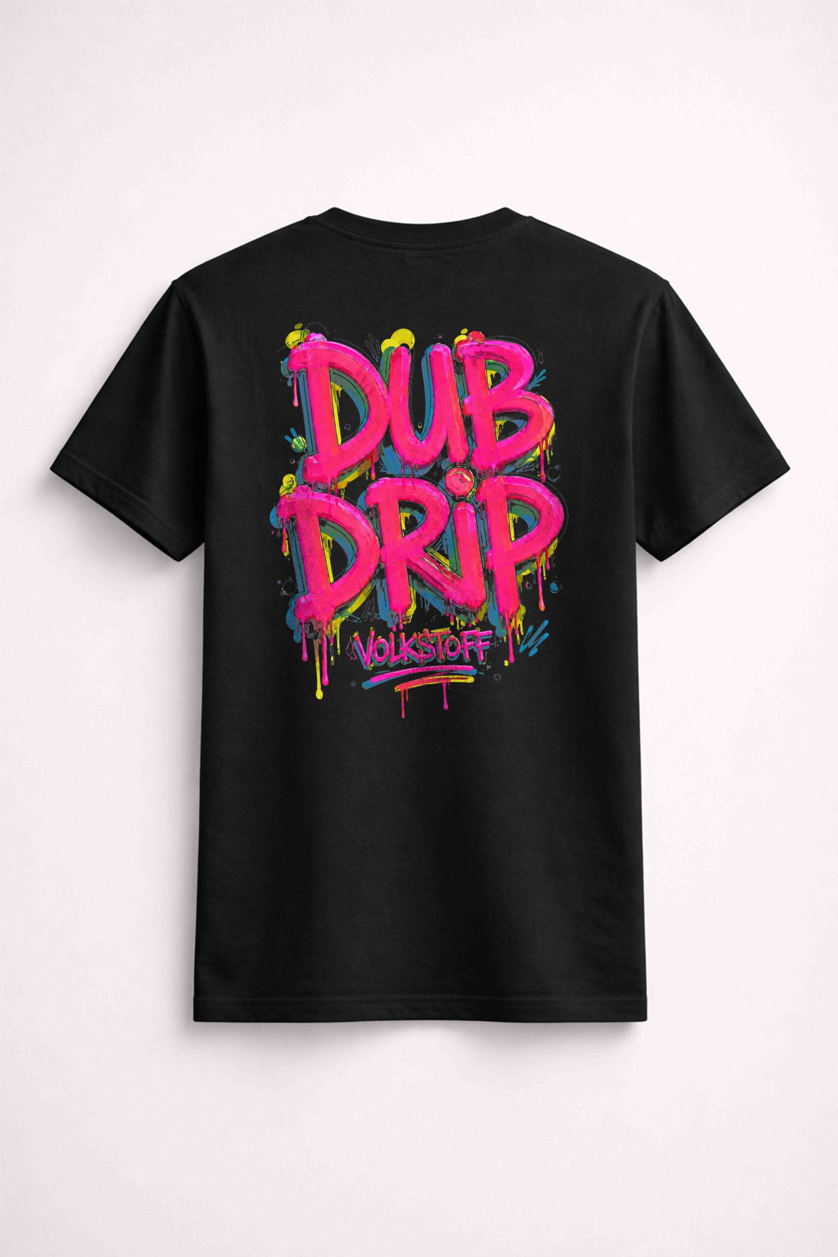 Dub Drip T Shirt – Graffiti VW Streetwear by Volkstoff 3 Dub Drip T Shirt black rear featuring oversized colourful graffiti Dub Drip back print by Volkstoff