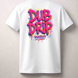 Dub Drip T Shirt white rear featuring oversized colourful graffiti Dub Drip back print by Volkstoff