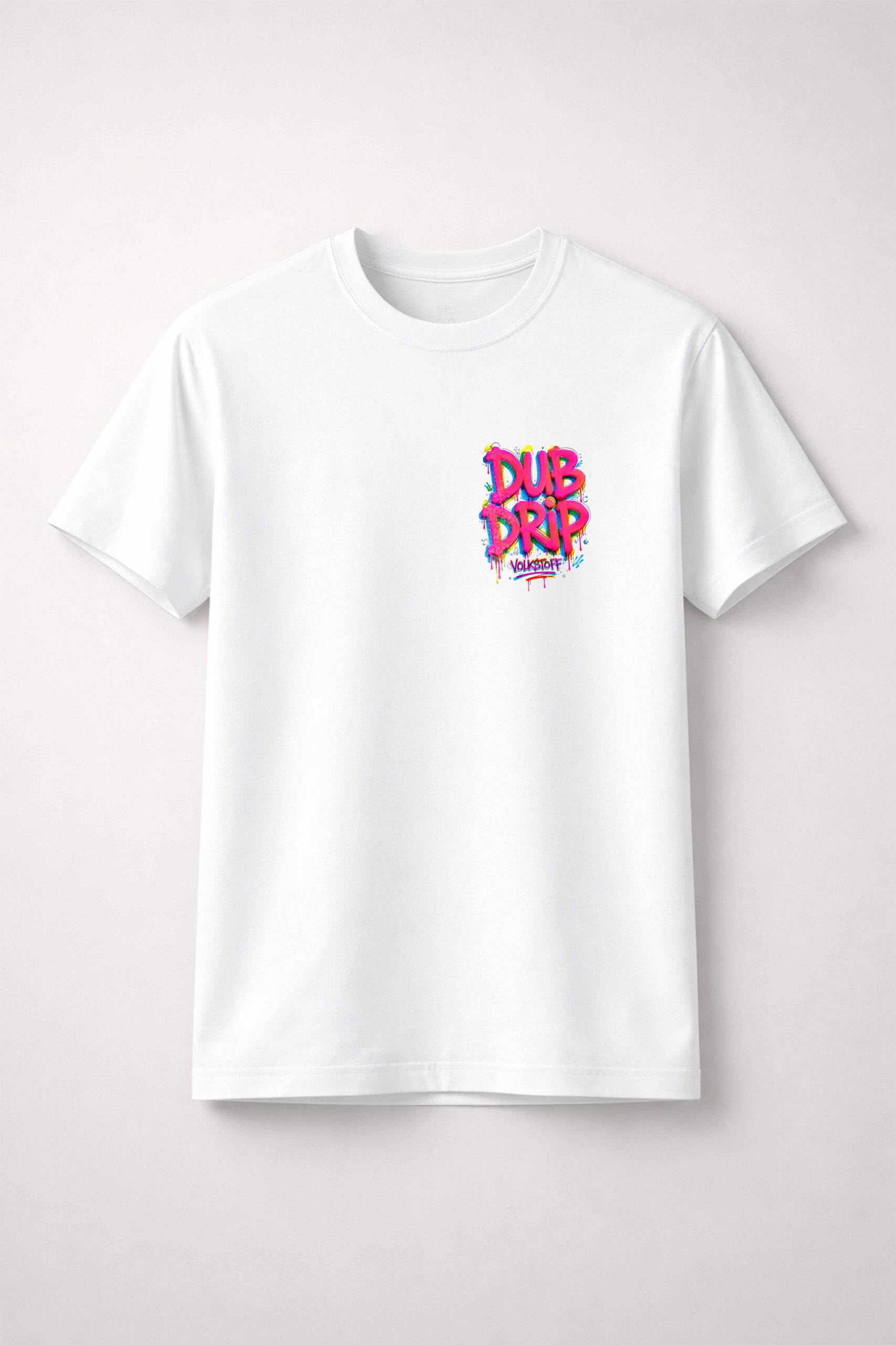Dub Drip T Shirt – Graffiti VW Streetwear by Volkstoff 2 Dub Drip T Shirt white front featuring colourful graffiti left chest design by Volkstoff