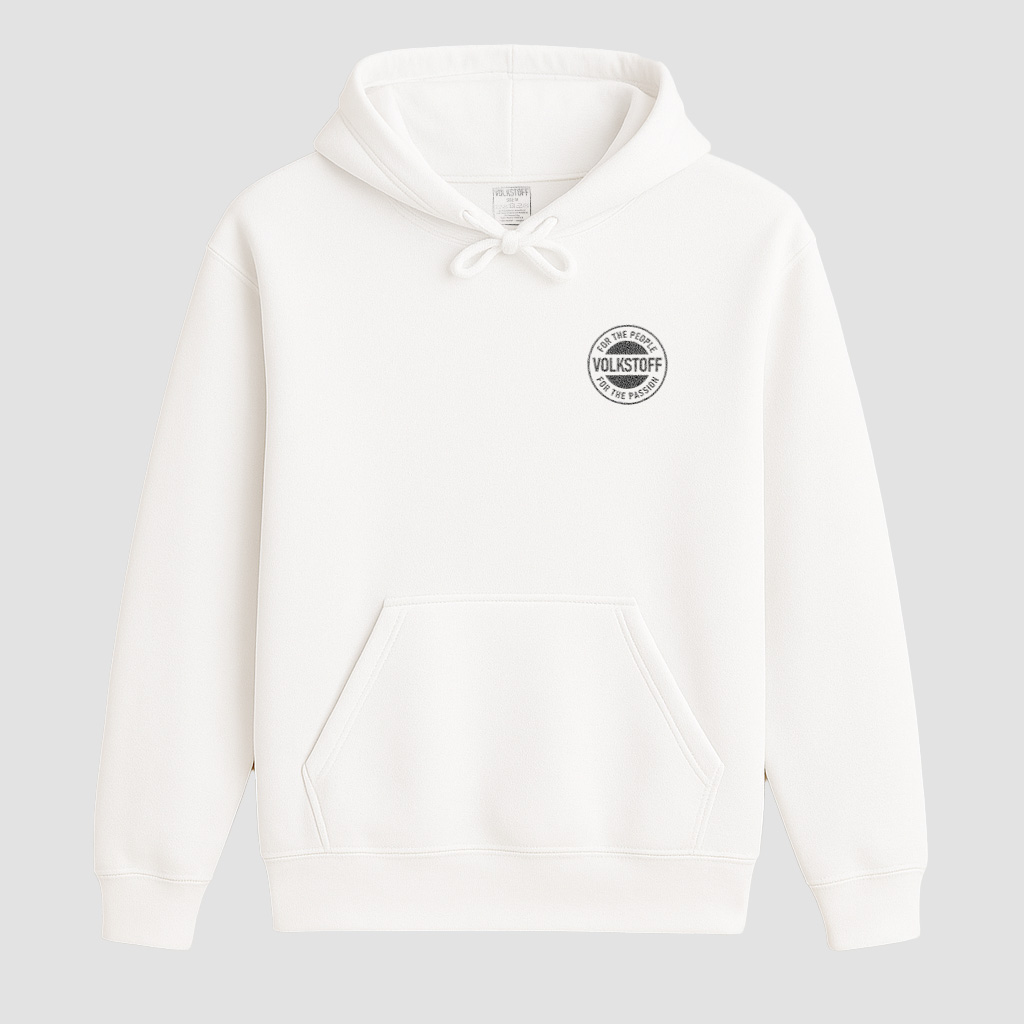 Volkstoff For The People For The Passion Hoodie 6 Volkstoff For The People For The Passion Pullover Hoodie white front view small left chest crest logo