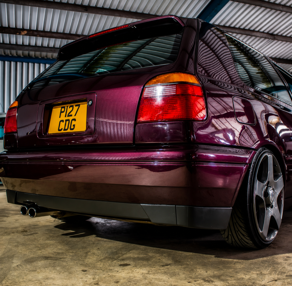 Rear view of Ben’s red Volkswagen Golf Mk3 Gertrude