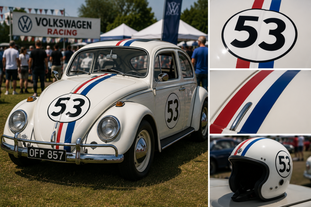 Herbie 53 racing number and red white and blue stripe details on a Volkswagen Beetle