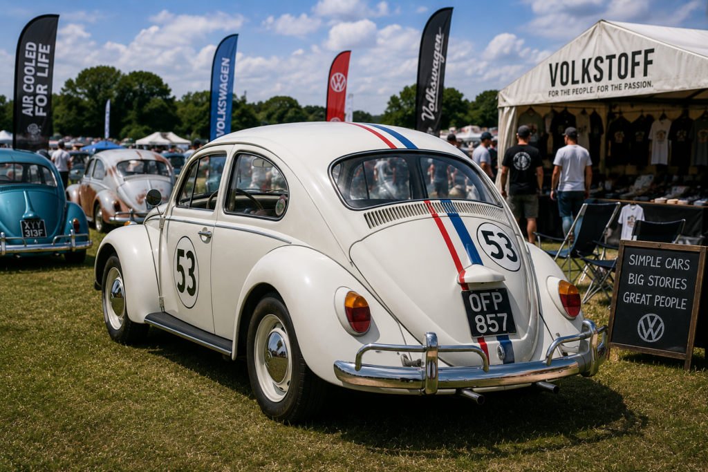 Herbie Volkswagen Beetle number 53 among classic air-cooled VWs at a Volkswagen show