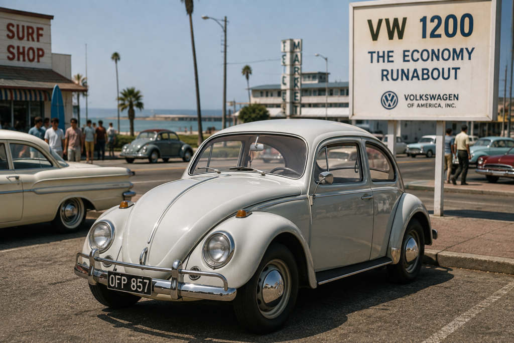 Classic Volkswagen Beetle in a 1960s American street scene before the Herbie era