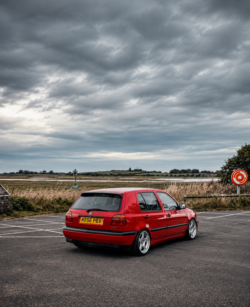 Ben’s modified red Volkswagen Golf Mk3 Gertrude parked beneath a dramatic sky