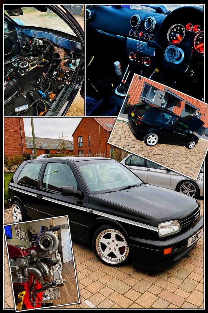 Built, Not Bought: The Story Behind Luke's Modified Mk3 Golf 2 Collage showing Luke's earlier Mk3 Golf build, TT dashboard conversion and turbo engine work