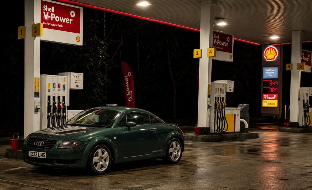 Ben’s former Audi TT photographed at a petrol station at night