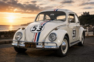 Herbie Volkswagen Beetle number 53 with red white and blue racing stripes