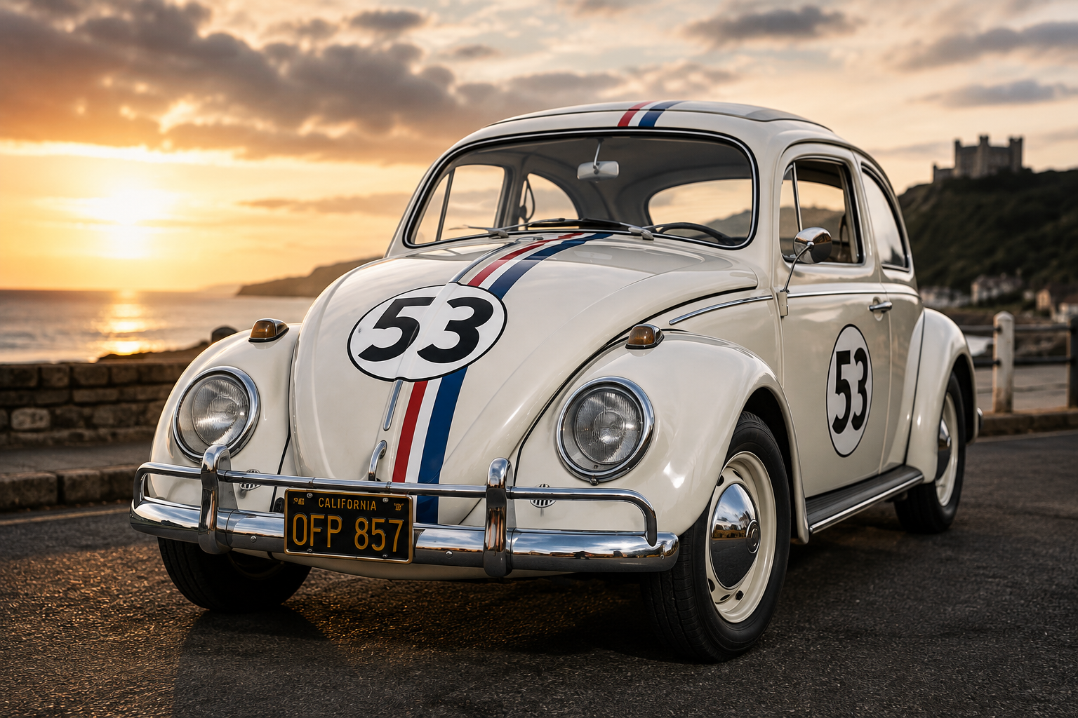 Herbie Volkswagen Beetle number 53 with red white and blue racing stripes
