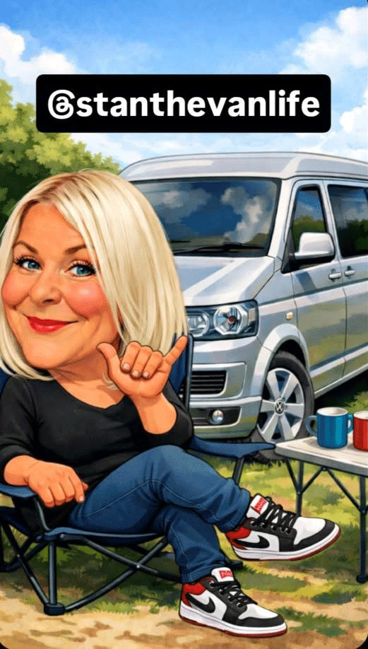 Illustrated Sarah with Stan the Volkswagen camper from Stan The Van Life