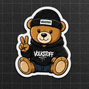 Vee Tub Bear Sticker wearing black Volkstoff hoodie and beanie