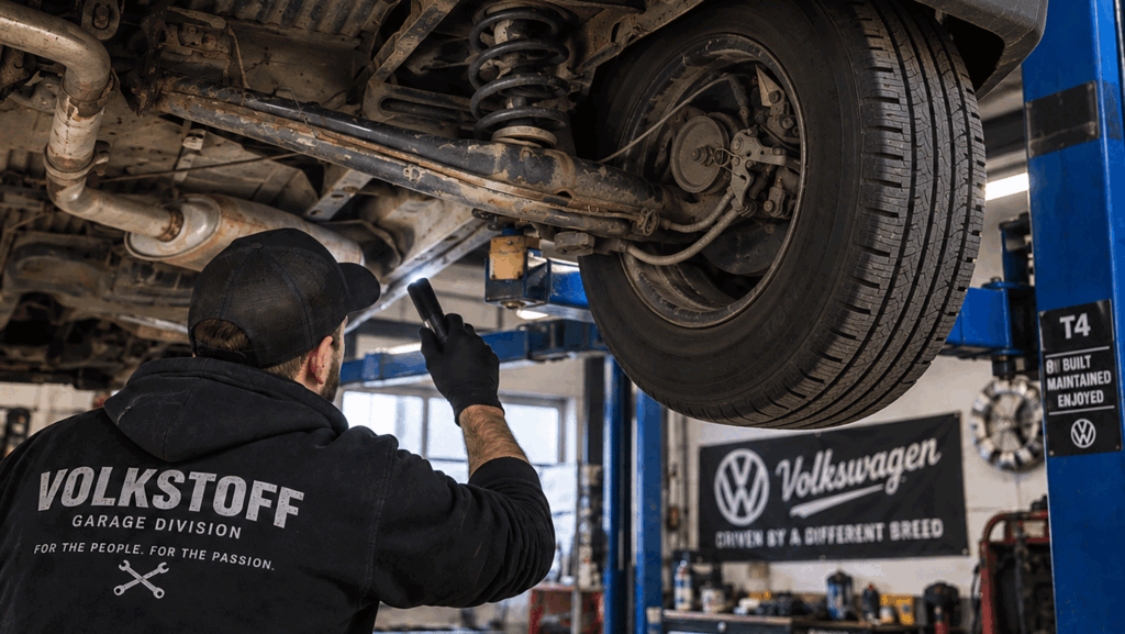 VW T4 vs T5 vs T6: Which Makes the Best Affordable Camper? 2 Volkswagen T4 camper van undergoing an underbody and rust inspection