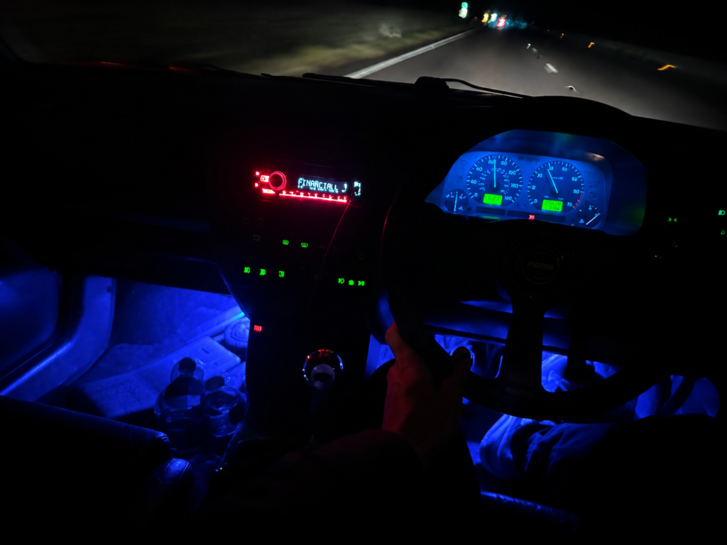 Just Another Ten Miles 15 Illuminated interior of Dave Keenan's Mk3 Golf GTI during a night drive