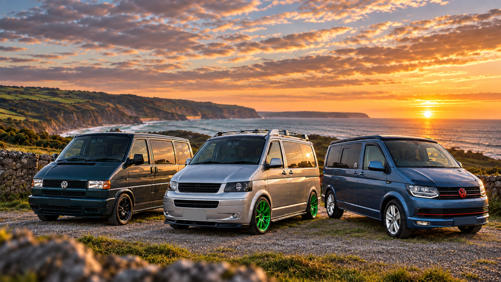 VW T4 vs T5 vs T6: Which Makes the Best Affordable Camper? 1 Volkswagen T4 T5 and T6 vans together on the UK coast