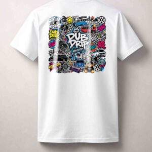 White Volkstoff Dub Drip VW Sticker Bomb T-shirt with full colour back print