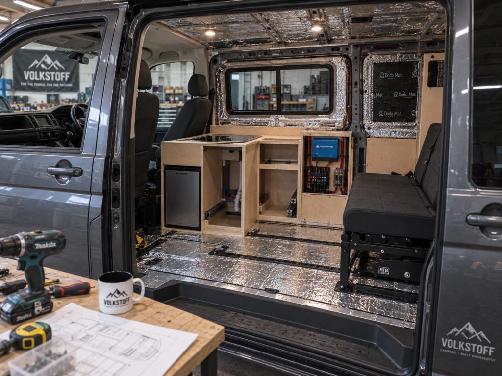 VW T4 vs T5 vs T6: Which Makes the Best Affordable Camper? 6 Volkswagen Transporter camper van undergoing a conversion with insulation, electrics, cabinetry and rear seating visible