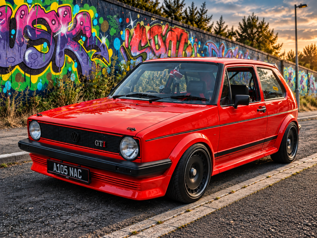 Richy Horton’s Turbo Volkswagen Golf Mk1: Competition History Meets 20V Power 14 Richy Horton’s red Volkswagen Golf Mk1 photographed beside a graffiti wall in Portsmouth